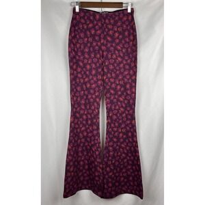 Anthropologie Leopard Print Plum Knit Flare Pants Boho Retro Bell Bottom Size XS